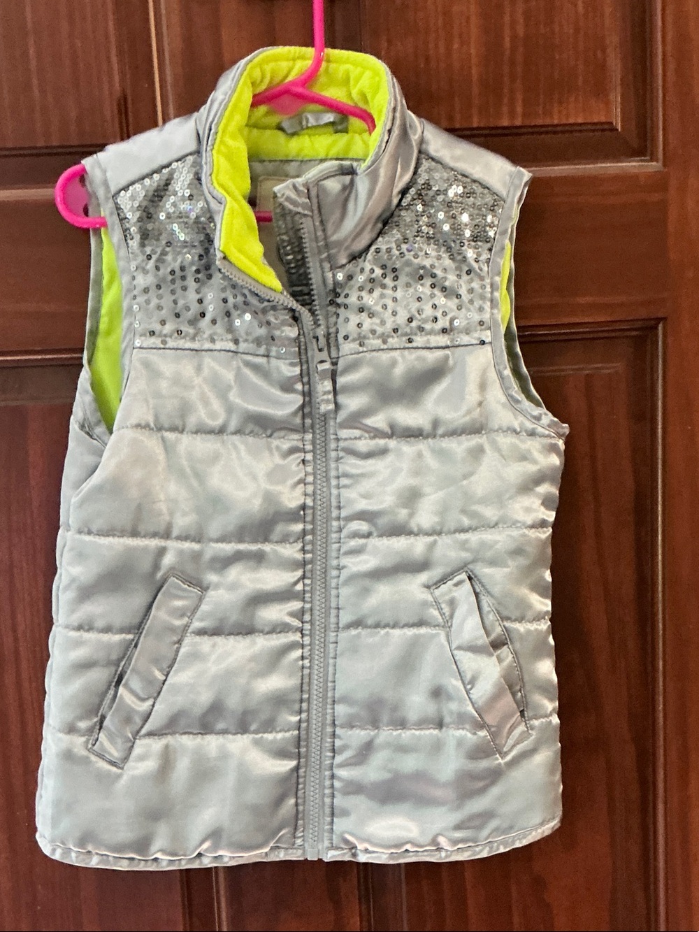 Route 66 Silver Puffer Vest with Neon Yellow Lining